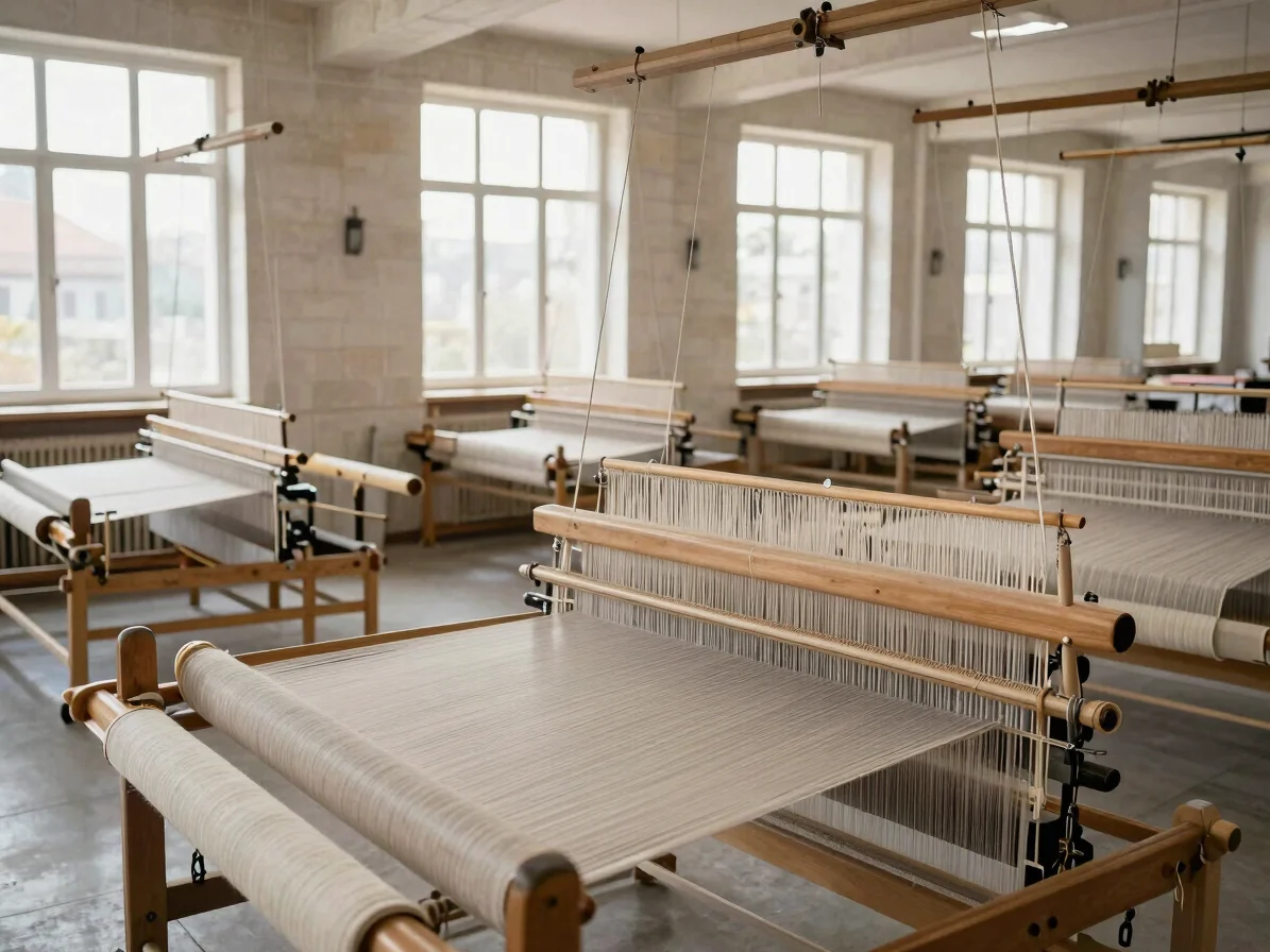 Editorial wide view of a modern Turkish textile weaving hall, looms in orderly rows, soft natural daylight through high